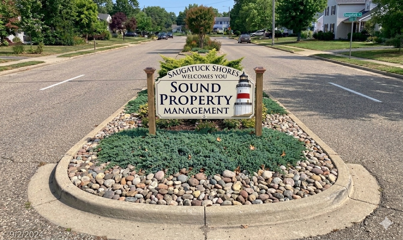 Sound Property Management sign at Saugatuck Shores in Westport, Connecticut